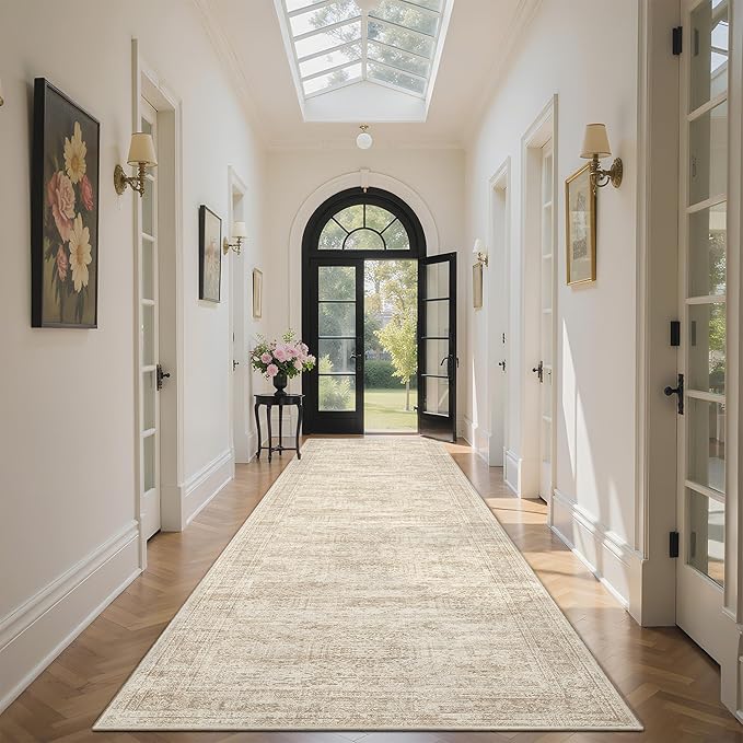 Washable Runner Rug, 2'6" x 8' Non-Slip Kitchen Vintage Foldable Hallway Runners for Entryway, Laundry, Bedroom, Beige