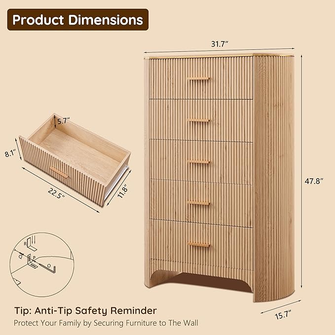 Fluted 5 Drawer Tall Dresser with Curved Profile,47.8" Tall Drawers with Reeded Texture,Gold Handles Storage Organizer Cabinet for Bedroom,Living Room,Entryway,Natural Oak
