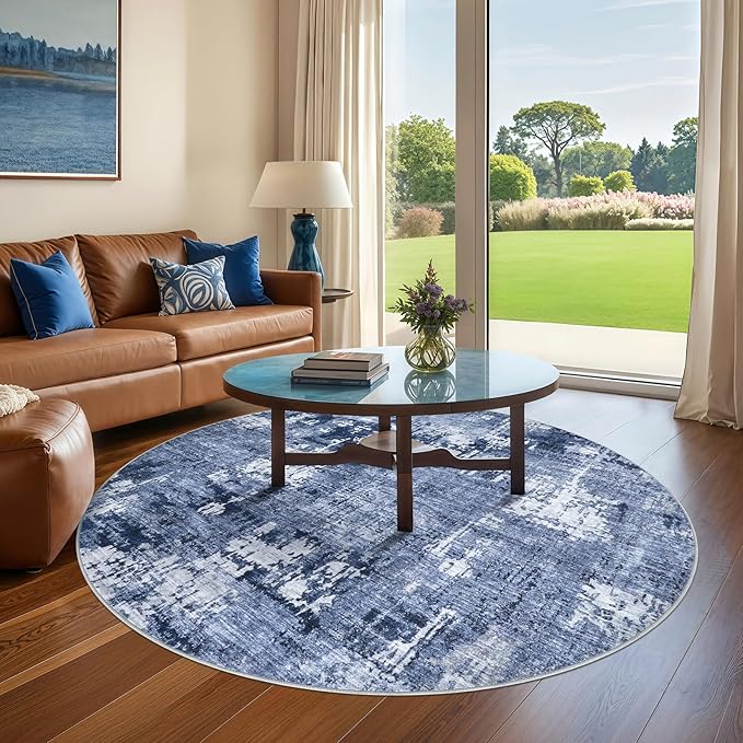 5ft Round Area Rug Living Room Rugs - 5x5 Washable Large Soft Indoor Neutral Modern Abstract Low Pile Rug Carpet for Bedroom Dining Room Farmhouse Home Office - Navy Blue