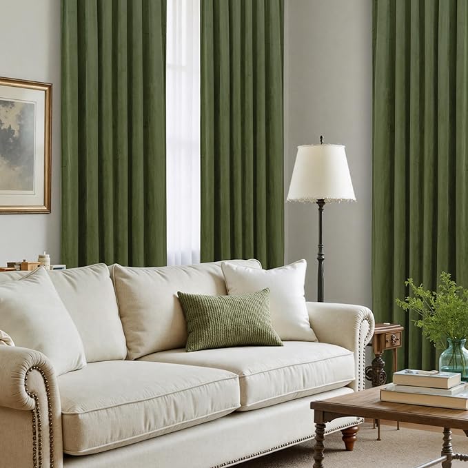 LAMIT Velvet Curtains 102 Inches Long for Living Room, Sage Green Thermal Insulated Soundproof Panels Room Darkeing Back Tab and Rod Pocket Drapes for Bedroom/French Country, 2 Panels, 52 x 102 Inch