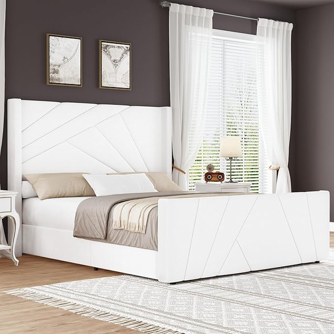 BarnFurin Queen Size Bed Frame, Velvet Upholstered Platform Bed with Geometric Tufted Headboard & Footboard, Wingback Design, Mattress Foundation with Wooden Slats, Cream White