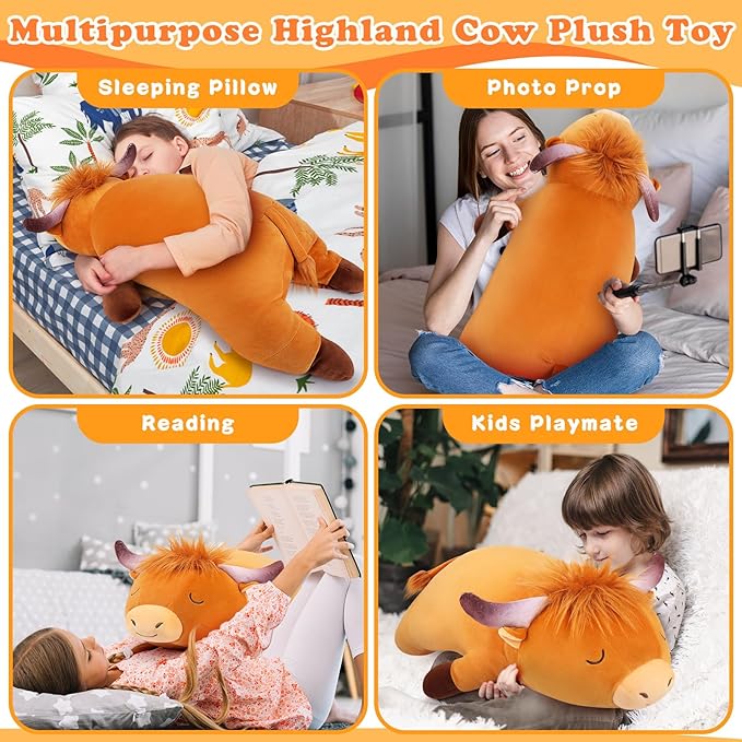 Auspicious beginning 30'' Giant Highland Cow Plush Stuffed Animal-Cute Highland Co Plush Body Pillow Plushies, Large Sleeping Soft Stuffed Animal Big Plushie Toy, Birthday Gifts for Kids Girls Boys