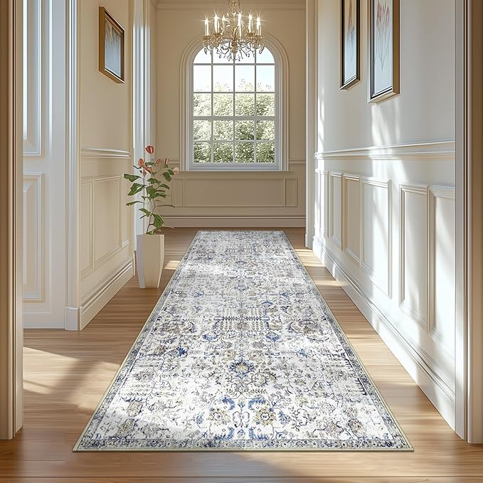 jinchan Kalen Runner Rug 3x10 Washable Hallway Rug Vintage Indoor Thin Retro Floor Cover Floral Country Lightweight Non Slip Carpet for Entryway Bathroom Kitchen Bedroom Living Room Stairway Blue