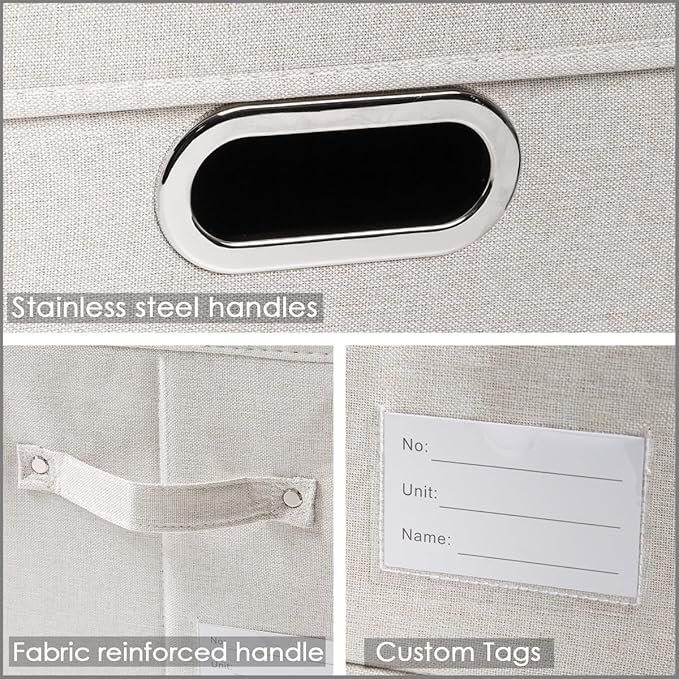 PRANDOM Storage Boxes with Lids [3-Pack] Linen Fabric Foldable Storage Bins Organizer Containers Baskets Cube with Cover for Closet Office Nursery Beige（11.4X8.6X6.7