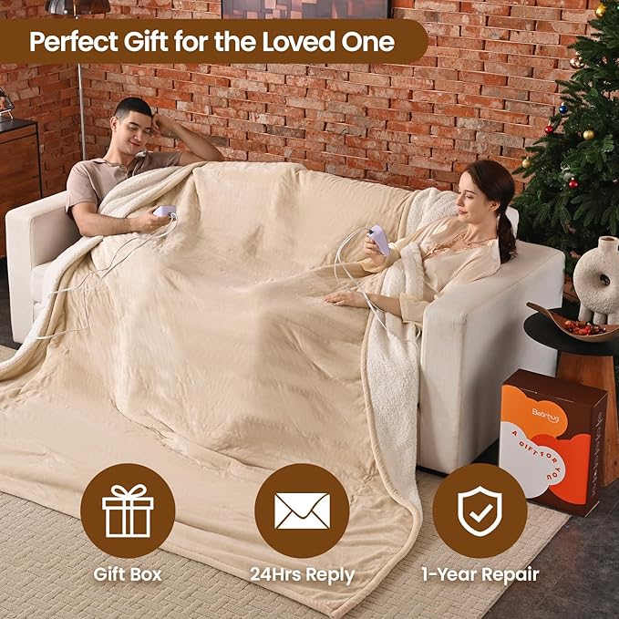 Bearhug Electric Blanket King Size 100" x 90", Dual Controller Heated Blanket Beige, Velvet & Sherpa, 10-Heat Levels & 1-12H Auto Off, 5 Year Warranty, Over-Heat Protect, ETL, Machine Washable
