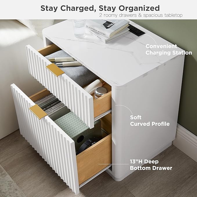 T4TREAM 23'' Fluted Nightstand Set of 2 with Charging Station, Large 2 Drawer Bedside Table, Modern End Table with Storage, Mid Century Night Stand for Bedroom Living Room, Curved Profile, Solid White