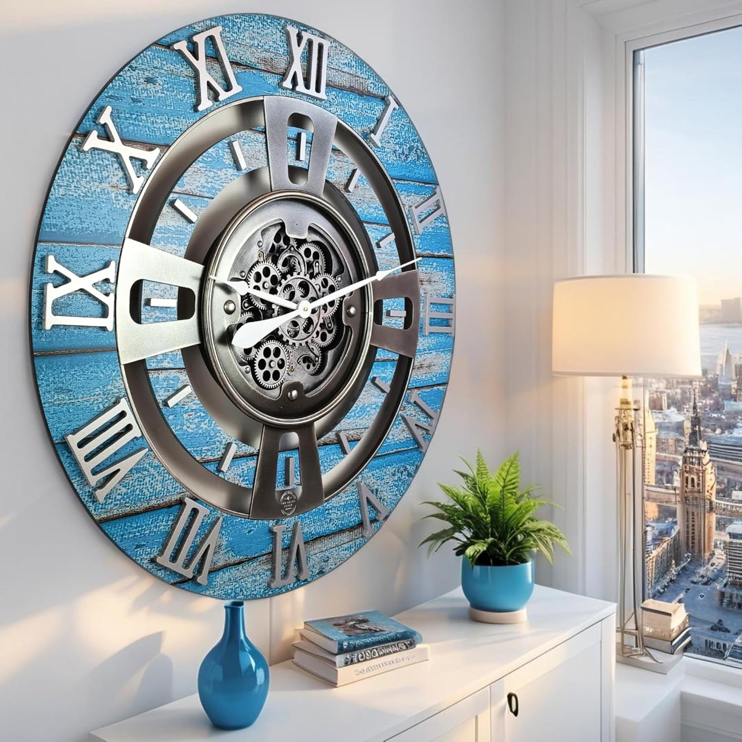 The Gears Clock Real Moving Gear Wall Clock England Line (Ocean Blue, 36 inches (90 cm))