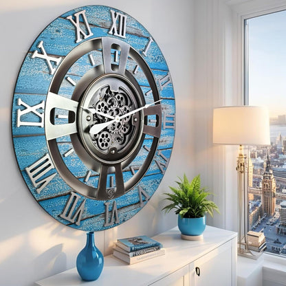 The Gears Clock Real Moving Gear Wall Clock England Line (Ocean Blue, 36 inches (90 cm))