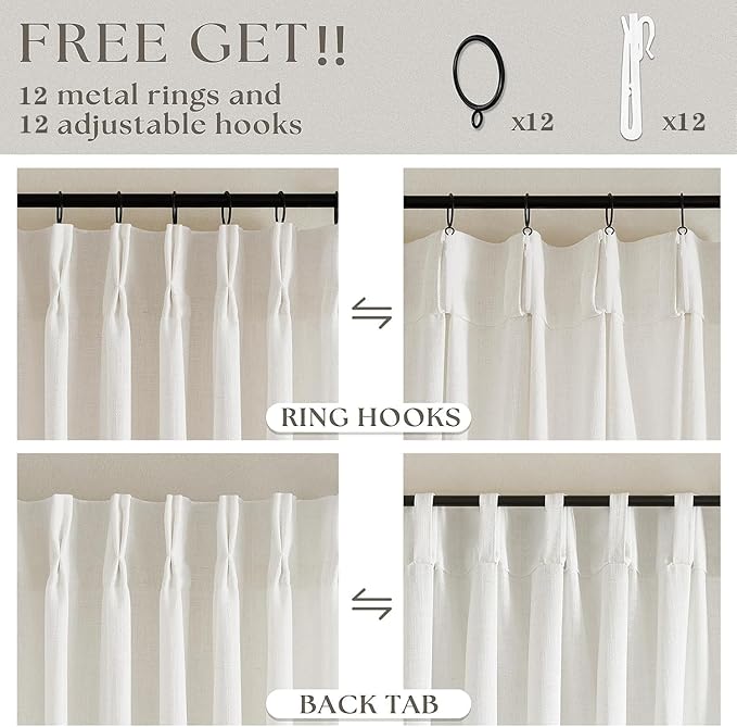 102 Inch Long Curtains Extra Wide 70 Inch Width Pinch Pleat Linen Curtains for Living Room Cream Light Filtering Privacy Pleated Hooks Rings Back Tab for Sliding Door 1 Panel
