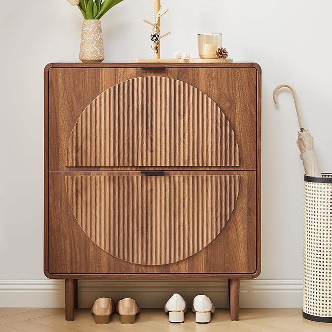 Turtle&Myrtle Modern Shoe Storage Cabinet for Entryway, Narrow Shoe Organizer Cabinet, 2-Tier Flip Down Drawers, Small Freestanding Hidden Wood Slim Shoe Rack,Round Fluted Pattern (Walnut)
