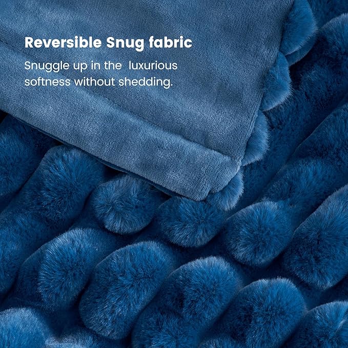 Cozy Bliss Faux Fur Throw Blanket for Couch, Cozy Warm Plush Striped Blanket for Sofa Bedroom Living Room, 90 * 90 Inches Navy Blue