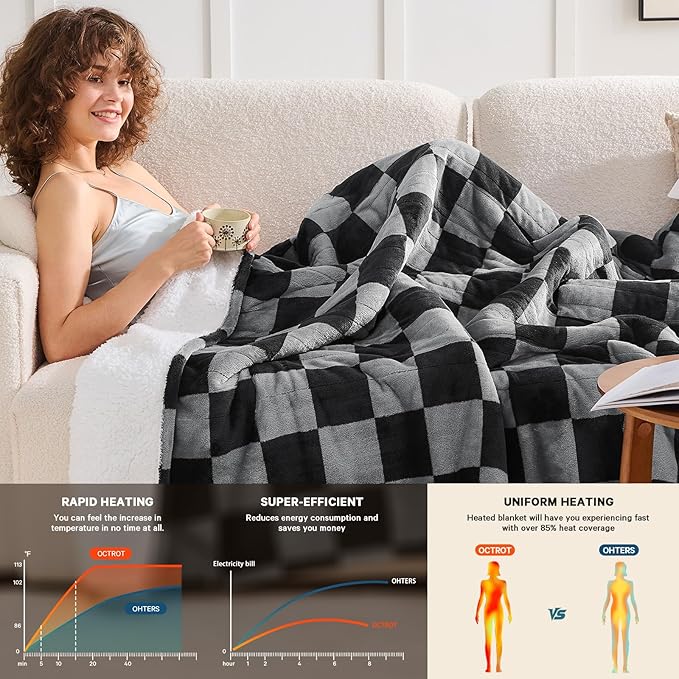 Heated Electric Blanketc Throw, 50X60 Heating Blanket with 10 Heat Level & 8 Hours Auto Off for Lap, Black Gray Checkered Plaid Soft Sherpa Blankets Warmer Gifts for Couch Grandma Women Adults