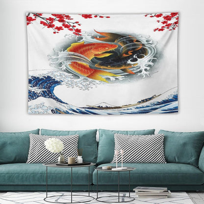 Houselerax Koi Fish Tapestry, Japanese Style Yin Yang Big Wave Cherry Blossoms Tapestries Wall Hanging for Bedroom Living Room Office Decor 60"x40"