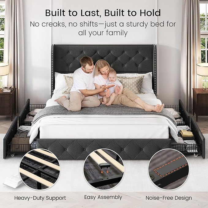 LARMACE Upholstered Queen Size Bed Frame with 4 Storage Drawers and Wingback Headboard Tufted Platform Bed Frame Linen Beds with Wooden Slats Support, Easy Assembly, Dark Grey
