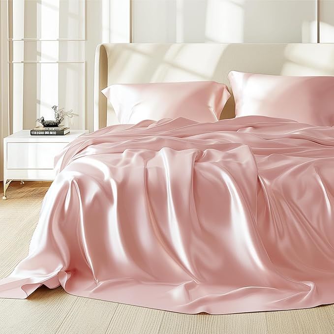 Bedsure Pink Satin Sheets Full Size - 4 Piece Silky Bedsheets with 15 Inches Deep Pocket Fitted Bedsheet,1 Flat Sheet, 2 Satin Pillowcases, Good for Hair & Skin (Full, Pink)