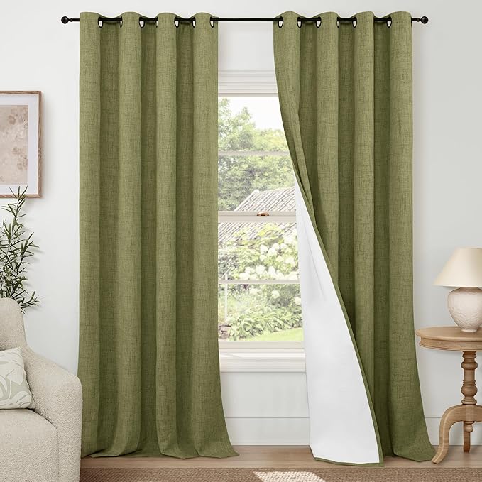 Linen Blackout Curtains 90 Inch Long, Olive Green Extra Long Curtains for Bedroom Living Room Modern Farmhouse, Thermal Light Blocking Faux Linen Energy Save Drapes Each 52x90 Inch 2 Panels