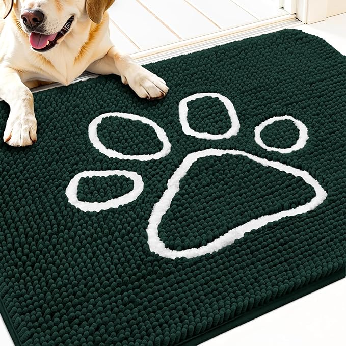 OLANLY Dog Door Mat for Muddy Paws 30x20, Paw Print Design, Absorbs Moisture and Dirt, Absorbent Non-Slip Washable Doormat, Quick Dry Chenille Mud Mat, Entry Indoor Entryway Carpet, Blackish Green