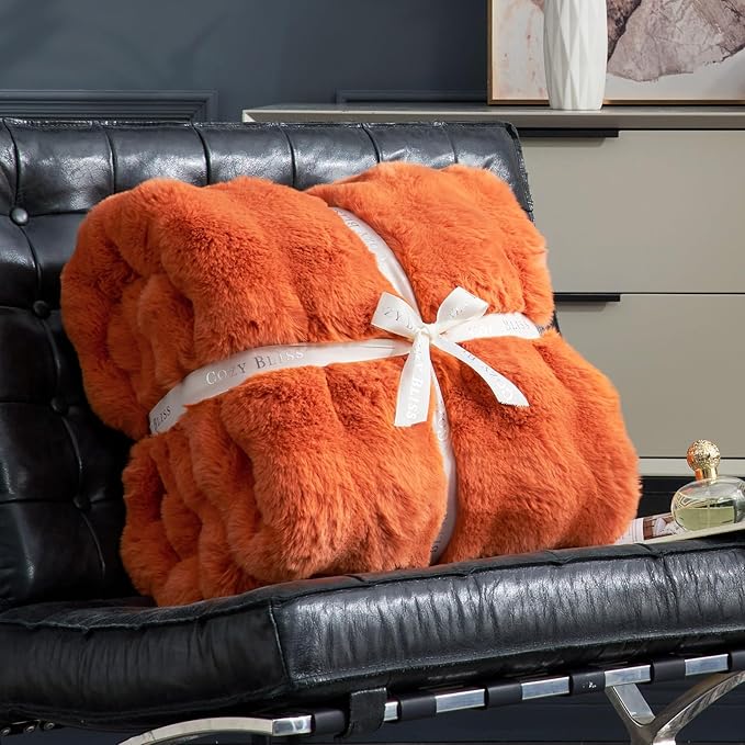 Cozy Bliss Faux Fur Throw Blanket for Couch, Bubble Plush Blanket Queen Size, Fuzzy Soft & Thick Blanket for Fall Bed Sofa Living Room, 90x90 Inches Halloween Burnt Orange