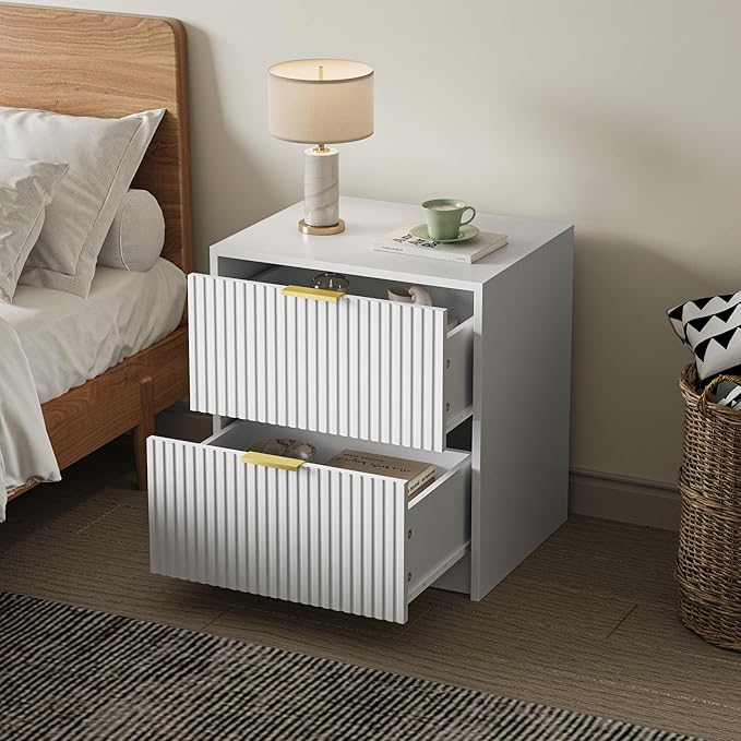 3-Piece Dresser Bedroom Set, 9 Drawer Dresser & 2 Drawer Nightstands with Gold Handles, Fluted Wood Chest of Drawers for Bedroom, Living Room, Entryway, White