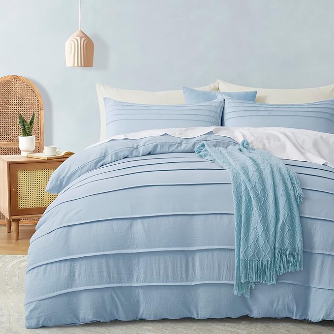 Oli Anderson Airy Blue Duvet Cover Queen Size - Pleated Queen Duvet Cover, 3PCS Soft and Breathable Textured Bedding Set with Zipper Closure(Airy Blue,90"x90")