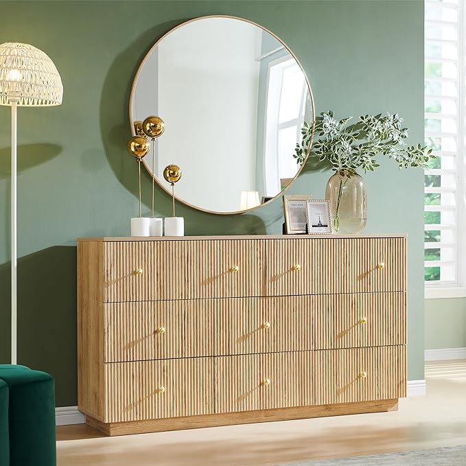 Fluted Dresser for Bedroom, 55" W 8 Drawer Dressers, Wood Tall Dresser Storage Organizer, Modern Bedroom Chest of Drawers with Deep Storage for Closet Hallway, Entryway, Living Room Natural