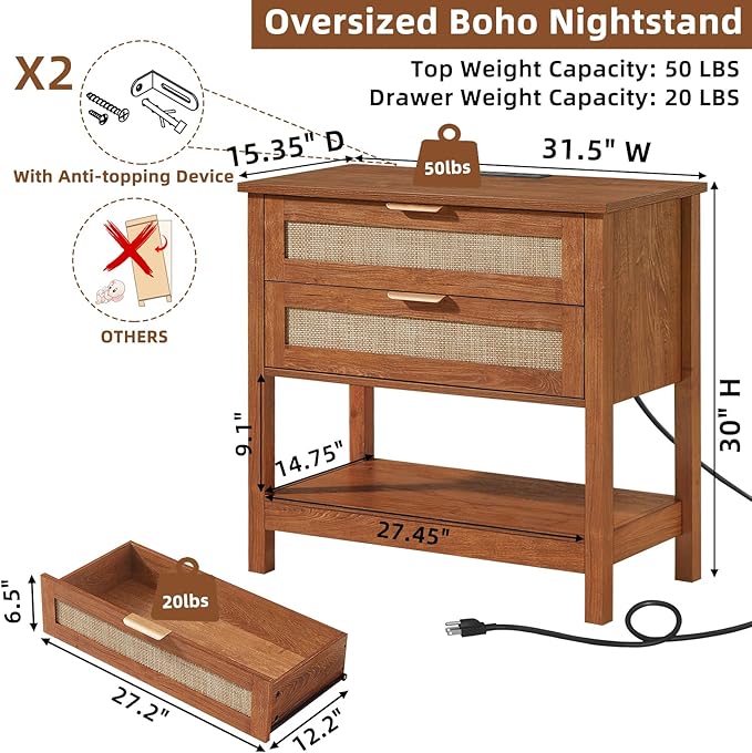 LEYAOYAO 31.5" Wide Rattan Night Stand with Charger Station, Oversized Large Boho Nightstand with 2 Drawer, Tea Brown Bed Side End Tables, Tall Bedside Table for Bedroom Living Room, Hallway