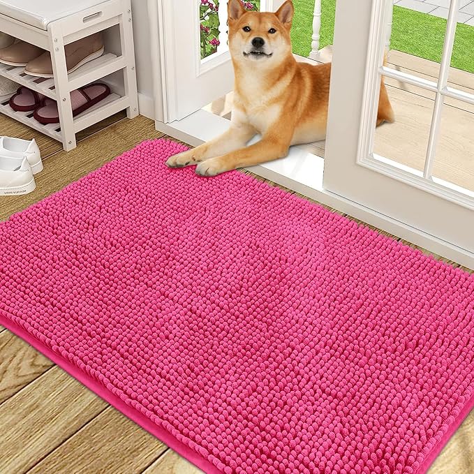 OLANLY Dog Door Mat for Muddy Paws 48x30, Absorbs Moisture and Dirt, Absorbent Non-Slip Washable Doormat, Quick Dry Chenille Mud Mat for Dogs, Entry Indoor Entryway Carpet for Inside Floor, Hot Pink