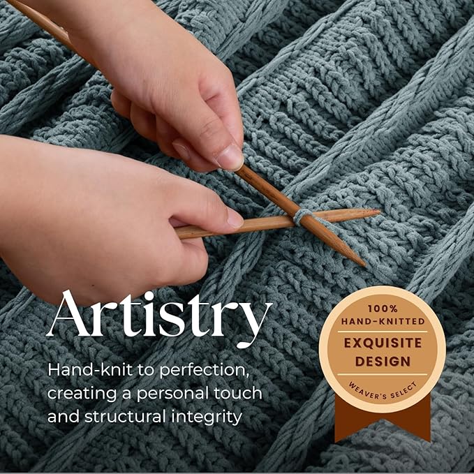 Boho Knitted Chenille Blanket with Tassels - Lightweight & Soft All-Season Throw - 3D Classic Pattern for Living Room Bedroom Couch, Celestial Blue, Queen 90"x90"
