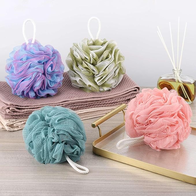 BTYMS 4Pcs Loofah Sponge 60g/pc Bath Puffs Shower Scrunchies Mesh Pouf for Shower