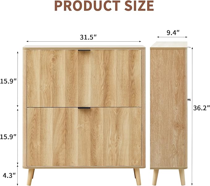 31.5” Fluted Shoe Cabinet Storage with 2 Flip Drawers,Narrow Freestanding Shoe Storage Organizer,Slim Shoe Rack Cabinet for Entryway,Hallway (Natural)