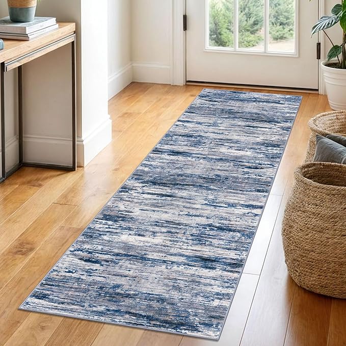 2x6 Modern Abstract Runner Rug for Hallways, Navy Blue Gray Neutral Multi Super Soft Hallway Decor Kitchen Rugs with Non-Slip, Non-Shedding Washable Rug for Entryway Bedroom Indoor