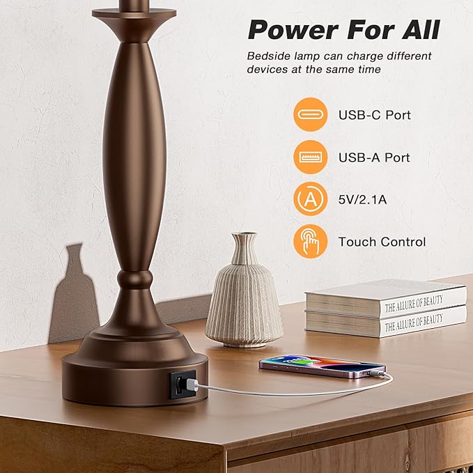 Seealle Beige Brown Lamps for Bedrooms Set of 2 - Touch Control Bedside Lamp with USB C+A, 3 Way Dimmable Nightstand Lamps with USB Port, Table Lamp for Living Room(Beige Shade and Brown Base)