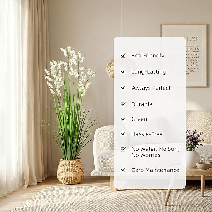 Artificial Tall Grass Plants with Pots 47“ 1 Pack Lily of The Valley Artificial Grass Home Interior Decorating and Outdoor Garden Decorations（White）