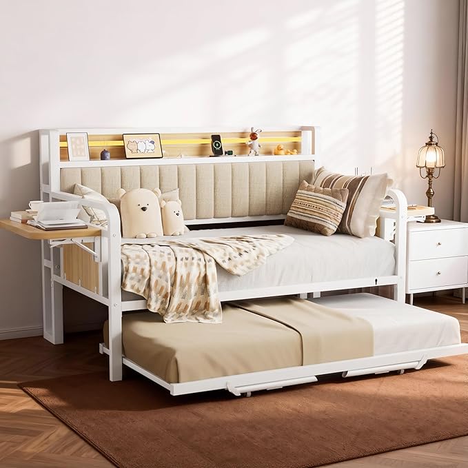 Daybed with Trundle, Twin Trundle Bed Frame - Metal Day Bed with LED Lights, Upholstered Storage Headboard & Charging Station, Pop Up Sleeper, Modern Design for Living Room and Guest Room-White