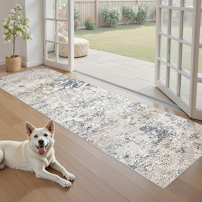 Washable Runner Rug for Hallway: 2x6 Neutral Modern Abstract Low Pile Area Rug with Non-Slip Backing - Carpet for Bedroom Kitchen Laundry Entryway Bathroom Indoor - Beige Blue