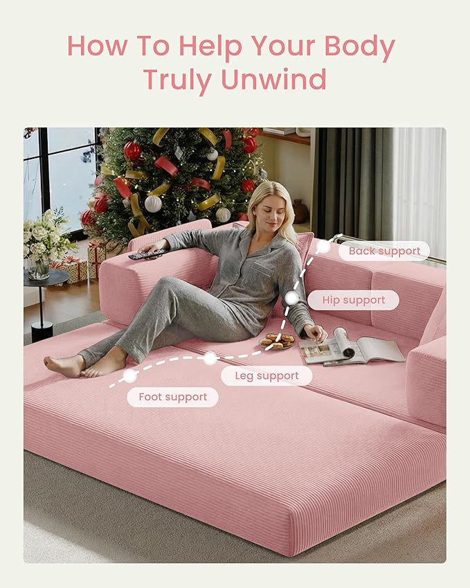 78.8" Convertible Futon Sofa Bed,Corduroy Futon Couch with Storage Pocket,Folding Pull Out Sofa,No Assembly Boneless Couch for Living Room | Pink