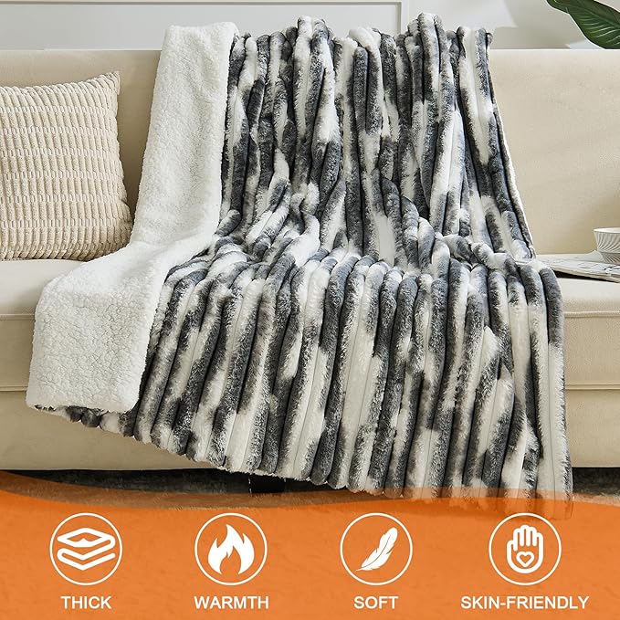Heated Blanket Throw - 50"x60" Fast Heating Bed Electric Blankets Throw with 6 Heating Levels & 4 Hours Auto Off, Soft Ribbed Faux Fur Sherpa, Over-Heated Protection ETL, Dark Gray