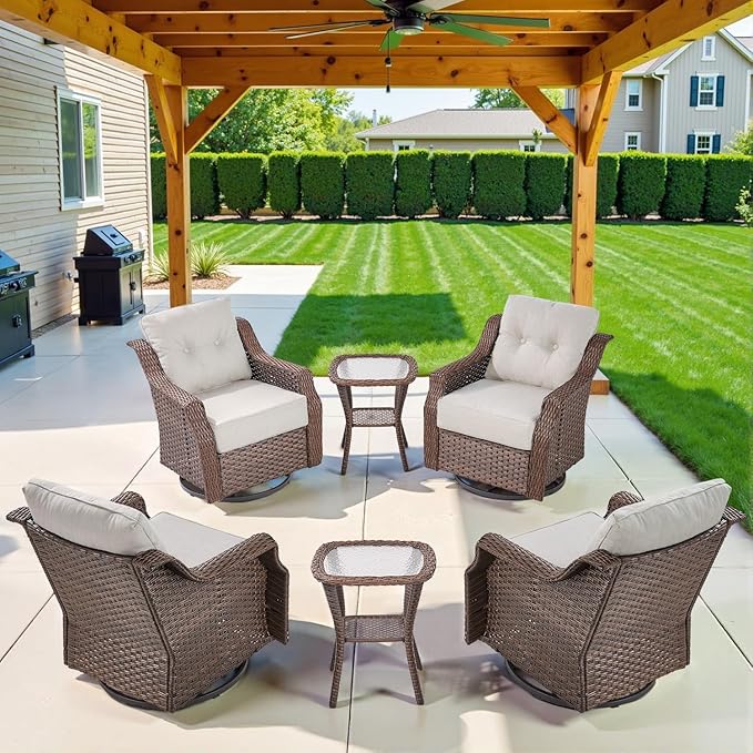 Belord Luxury 6-inch Thick Cushion Patio Furniture Set - Outdoor Swivel Rocker Glider Chairs Set of 4 with Glass Top Side Table, All-Weather Wicker Patio Conversation Set for Deck Balcony Sunroom