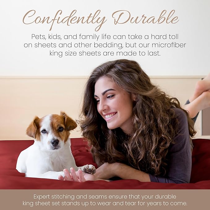 Linen Market Brushed Microfiber King Sheet Set 4 Piece – Oeko-TEX Certified Ultra Soft & Wrinkle-Free - 16" Deep Pocket Sheets - Easy Care King Size - Burgundy