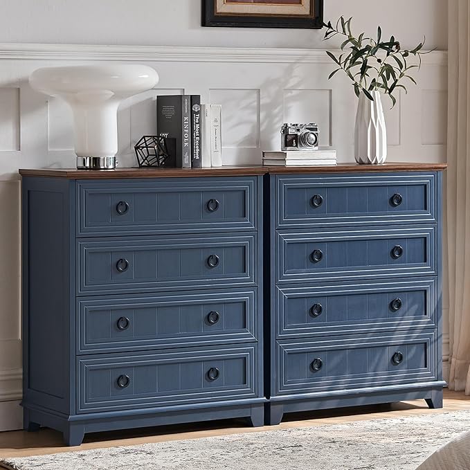 Farmhouse 4 Drawer Dresser for Bedroom Set of 2, 35" Tall Small Dressers & Chest of Drawers, Rustic Wood Dresser with Metal Handle, Storage Organizer Closet for Living Room, Hallway, Entryway