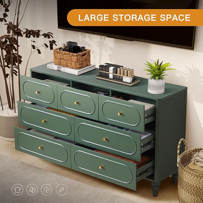 ORRD Fluted 7 Drawer Dresser for Bedroom, Modern Mid Century Chest of Drawers, Wood Storage Large Dresser Organizer for Bedroom Living Room Closet Hallway, Green