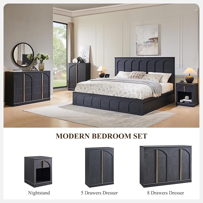 ACCOHOHO Modern Night Stand Set 2 with Arched Panel,18" Wooden nightstand with Charging Station,Bedside Table with Drawer Storage,Side End Table with Open Shelf for Bedroom,Living Room,Black