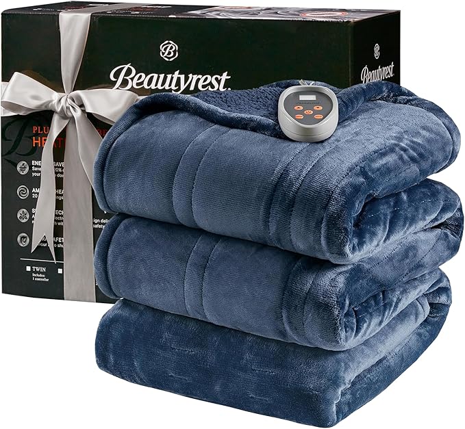 Beautyrest Auto Shut Off, Virtually Zero EMF, Multi Heat Setting, UL Certified, Machine Washable Reversible Microlight to Sherpa Electric Blanket, Full, Indigo