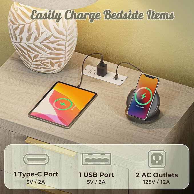 Huuger 27.6 Inch Tall Night Stands with Charger Station, USB-C Port, Fluted Nightstand Set of 2, Larger Wider Bed Side Table with 2 Deep Drawers, Open Shelf, Bedroom Living Room End Table, Grey