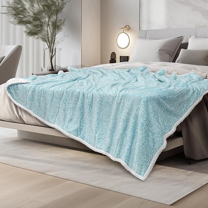 PAVILIA Melange Teal Blue Sherpa Blanket Throw Couch, Warm Soft Cozy Reversible Blanket Sofa Bed, Thick Plush Large Fleece Car Blanket, Decorative Home Room Decor Gifts Men Women, 50x60 Turquoise Aqua