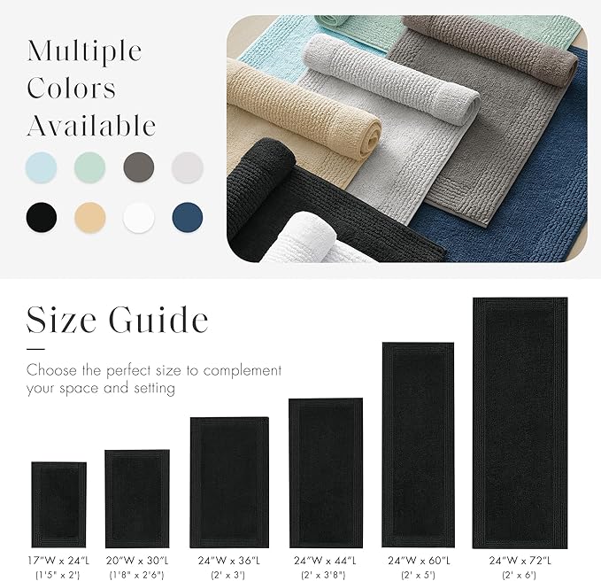 Madison Park Splendor Reversible 100% Cotton Tufted Bathroom Rug-3000 GSM Hotel Quality Luxurious Plush Medium Pile Bath Mat Absorbent, Quick Dry, Shower Room Décor, 24x72 Black