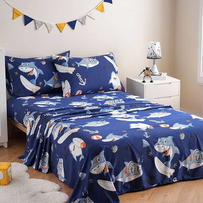 JSD Blue Shark Surfing Kids Sheet Set Twin Size, 3 Piece Nautical Printed Microfiber Sheets Deep Pocket
