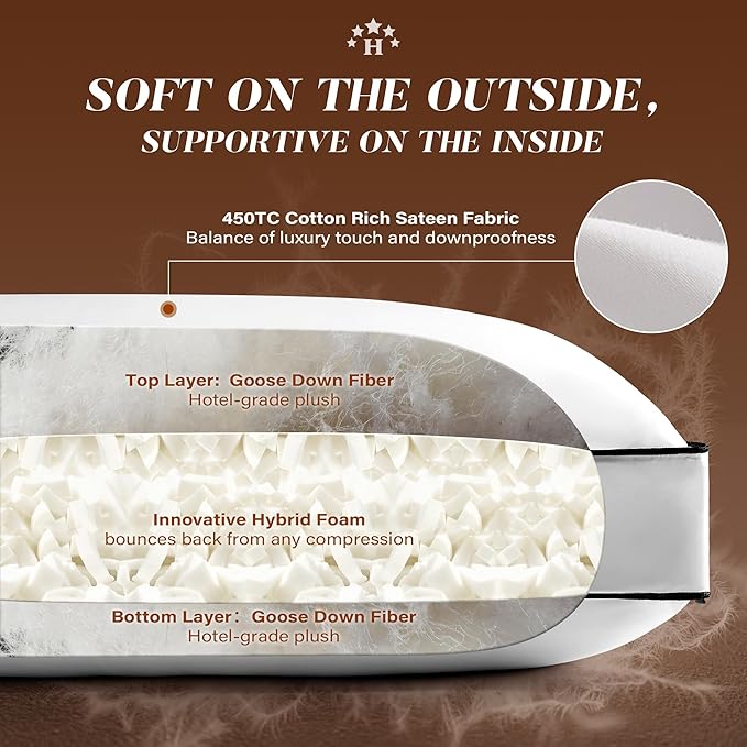 Flat Thin Goose Feather Down Pillows Queen Size Set of 2, Soft Down Surrounded Hotel Collection Bed Pillow for Sleeping with 3 Inch Gusset, 2 Pack, Plush for Stomach, Back Sleepers 20x30 in.