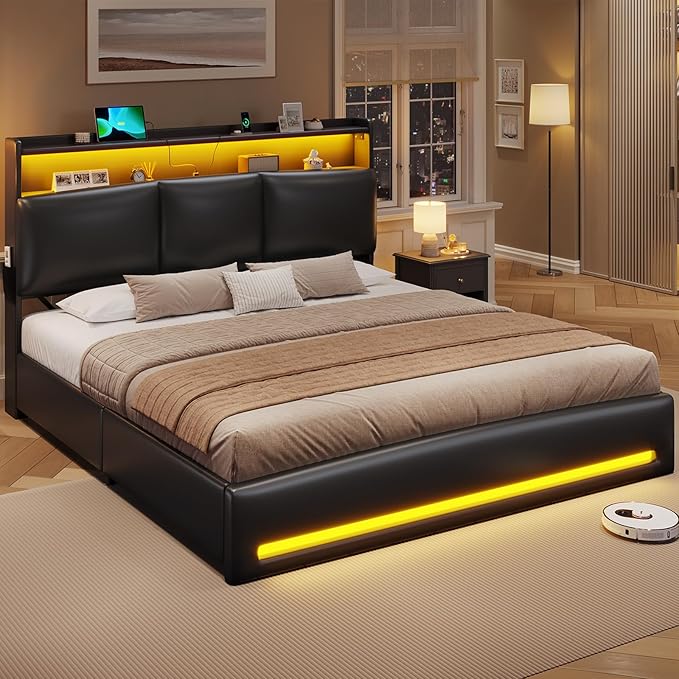VIAGDO King Bed Frame with Storage Headboard and Charging Station, Leather Upholstered Bed Frame King Size with 4 Drawers and LED Lights, Type C and USB, No Box Spring Needed, Black