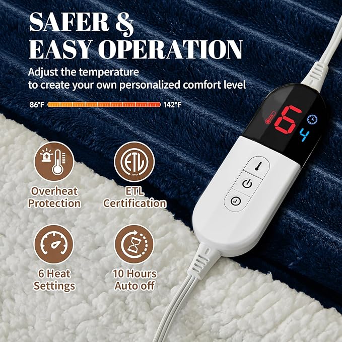Electric Heated Blanket Queen Size Dual Control - 84"x90" Fast Heating Bed Blankets with 6 Heating Levels & 10 Hours Auto Off, Soft Ribbed Flannel, Over-Heat Protection ETL, Navy Blue